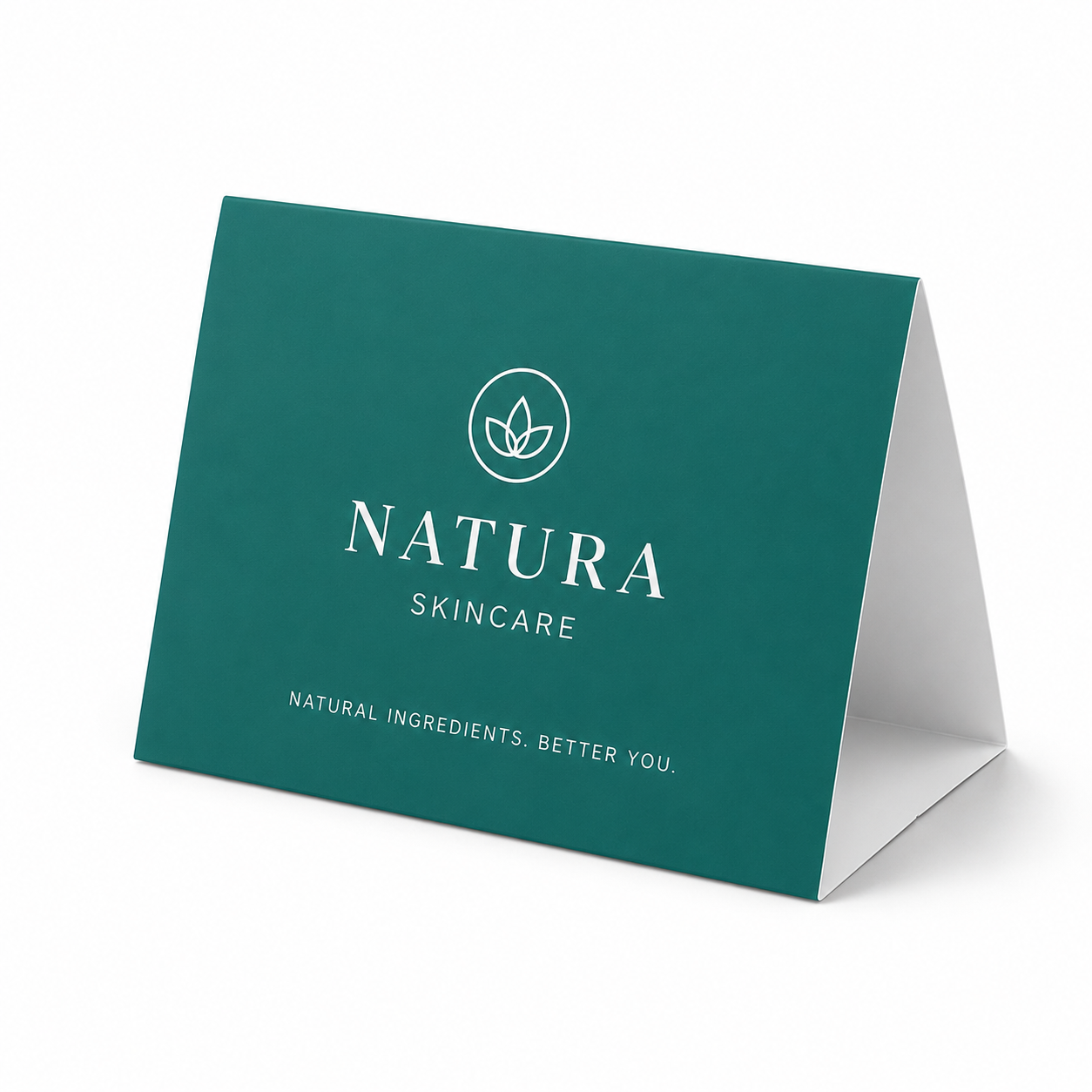 Custom table tent packaging with full-bleed brand printing and precision-scored fold lines for countertop retail display