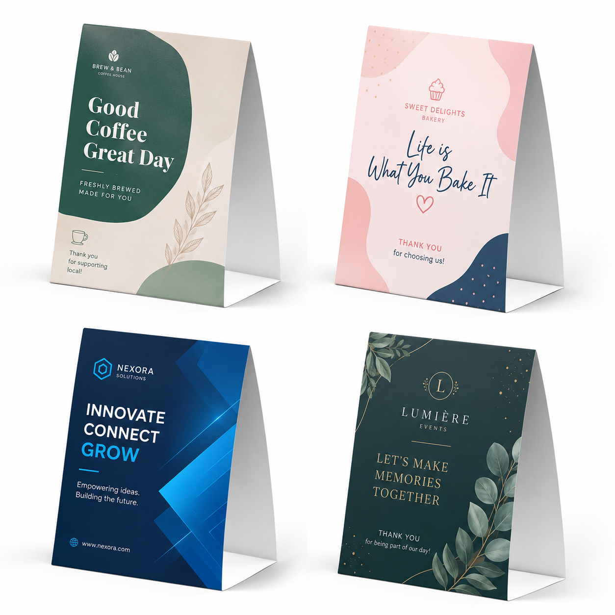 ustom printed table tent cards with brand logo and Pantone-matched colors displayed on restaurant and retail countertops