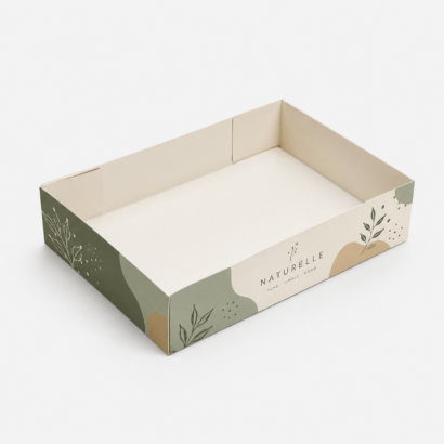 Custom Four Corner Tray with pre-glued auto-locking corners and full-bleed brand printing for retail shelf display packaging