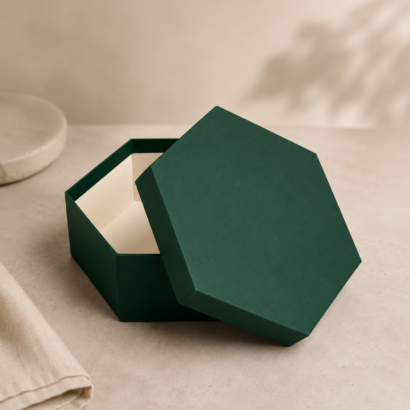 Hexagon Box packaging showing the focus keyword for rank math six sided retail check