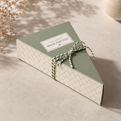 Triangle Box packaging made from rigid premium cardstock showing the focus keyword for rank math geometric gift check