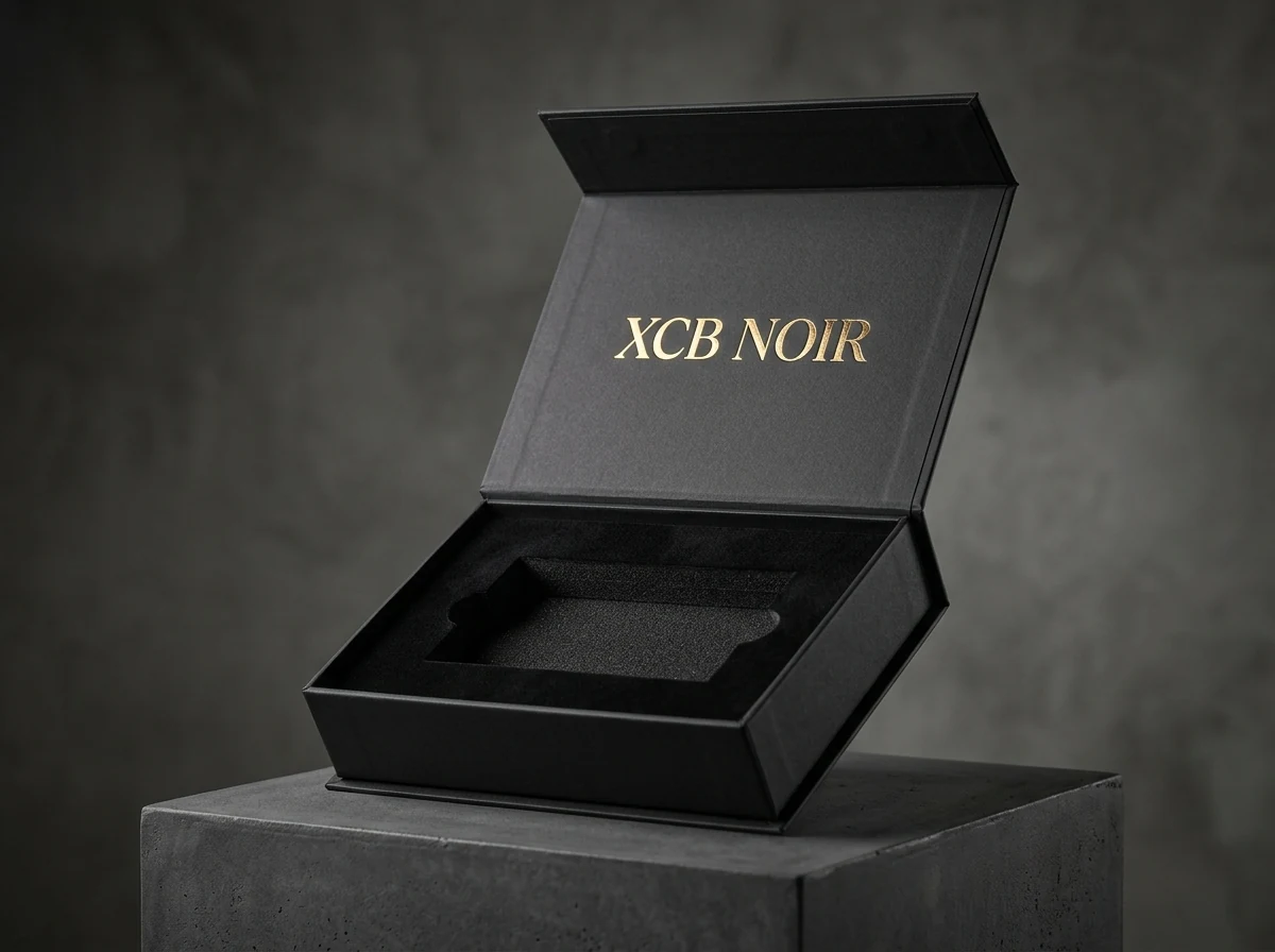 Custom Matte Black Rigid Box with Magnetic Closure - Open Angle with Velvet Insert