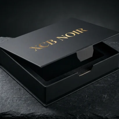 Luxury Matte Black Rigid Magnetic Presentation Box Semi Open Perspective