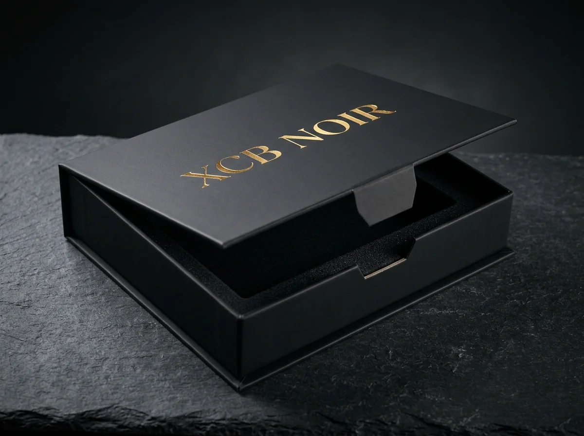 Luxury Matte Black Rigid Magnetic Presentation Box Semi Open Perspective