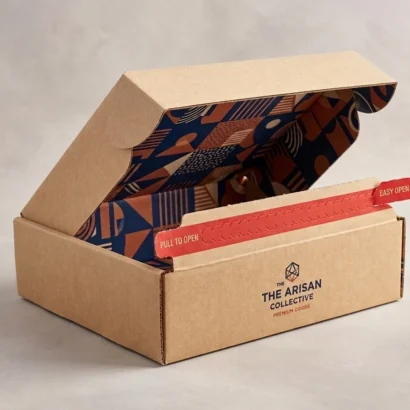 Custom Mailer Boxes with Easy-Open Tear Strip - Open View with Interior Color Print